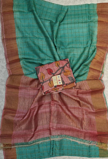 Pure Handloom Tusser Silk Saree with Kalamkari Blouse